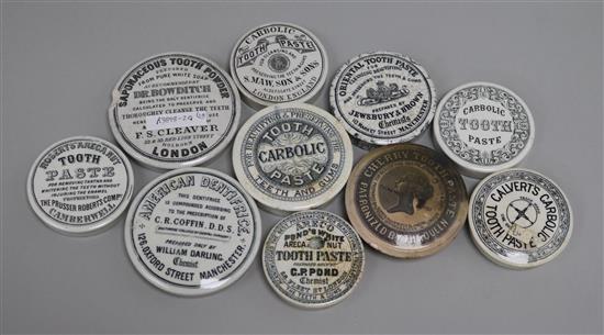 Ten Victorian toothpaste pot lids